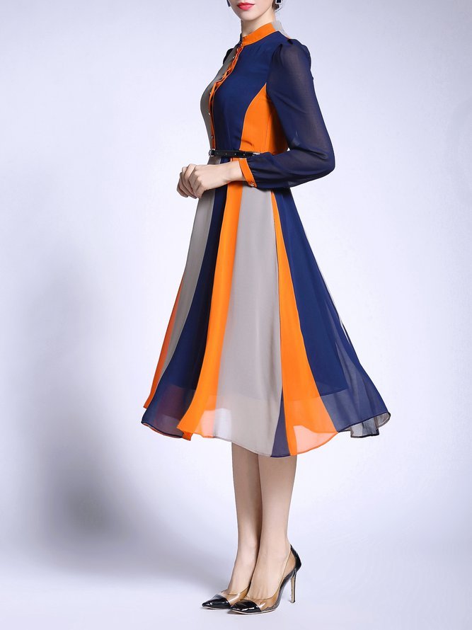 Blue Stand Collar Elegant Midi Dress stylewe